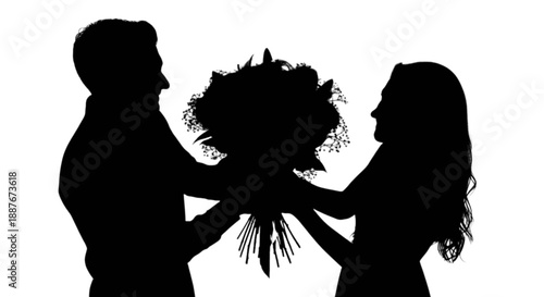 A romantic silhouette captures a man presenting a beautiful bouquet of flowers to a woman