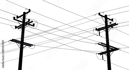 Electric power distribution lines silhouette illustration, utility poles with overhead wires, electricity grid infrastructure, urban energy network, black vector design