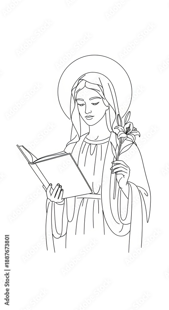 Fototapeta premium Woman mary saint reading bible or scripture book and holding lily flower with halo outline. Religious christian art or colouring page for Palm Sunday.