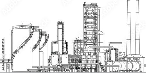 Industrial oil refinery technical line art illustration, detailed petrochemical processing plant with storage tanks, pipelines, towers, engineering infrastructure vector drawing