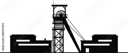 Underground mining headframe silhouette illustration, mine shaft tower with hoist wheel, industrial buildings, resource extraction infrastructure, black vector design icon