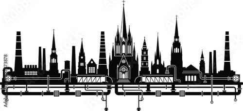 Industrial city skyline silhouette illustration, gothic cathedral and factories connected by pipelines, urban infrastructure, energy systems, black vector design