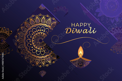Golden diwali decorations with a lit lamp and a celebratory message