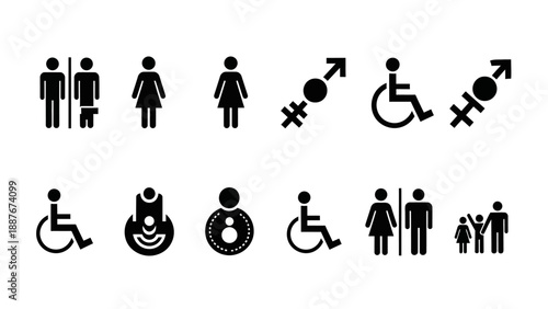 Collection of restroom and accessibility signs.