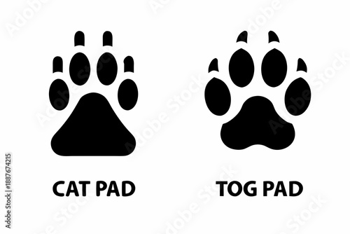 Black animal paw prints with labels indicating cat and dog pads
