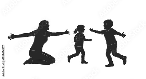 Mother and children silhouettes embracing happily.