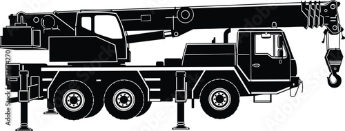Mobile truck crane silhouette illustration, heavy construction vehicle with hydraulic boom, lifting hook, industrial machinery, transport equipment, black vector design