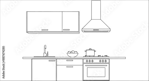 Modern Kitchen Interior Line Drawing Illustration.
