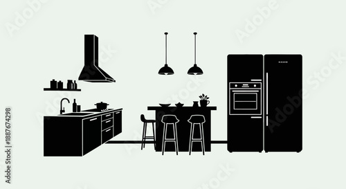Modern Kitchen Silhouette With Appliances And Island.