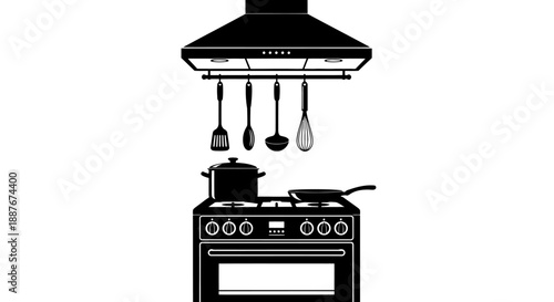 Kitchen stove with cooking utensils and exhaust hood illustration.