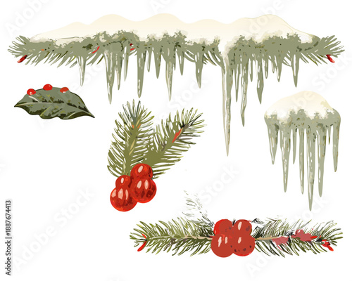 Winter foliage with icicles holly berries and snowdrifts on black background