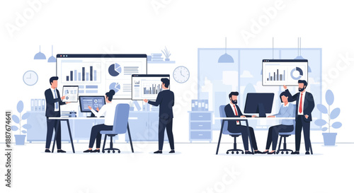 Professionals collaborating in a modern office environment with digital screens and data visualizations from a frontal viewpoint.