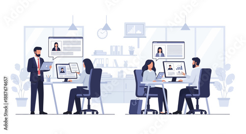 Team collaboration in a modern office setting with a manager guiding employees at their workstations