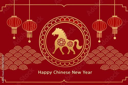 Traditional chinese new year decoration with a horse and red lanterns