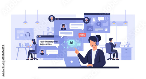 A professional woman interacts with an AI interface on her laptop in a modern office environment with colleagues in the background from a slightly elevated viewpoint