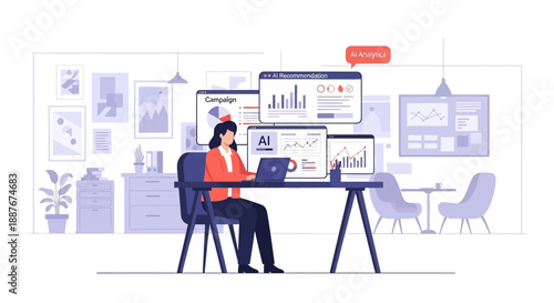 Woman analyzing business data on multiple screens in a modern office environment from a side viewpoint.