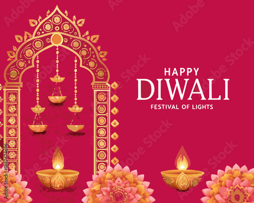 A golden archway and lit diyas celebrate the happy festival of diwali