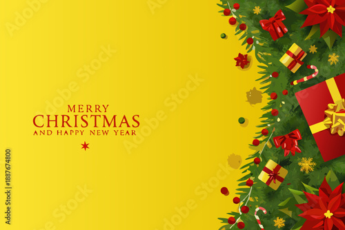 Festive christmas wreath with gifts and poinsettias on a yellow background