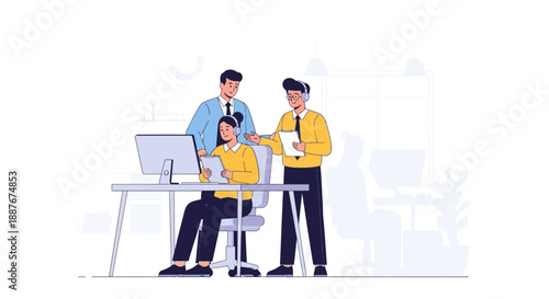 Three colleagues collaborating at a workspace with a computer and documents