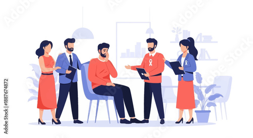 Group of professionals collaborating in a modern office environment from a frontal viewpoint