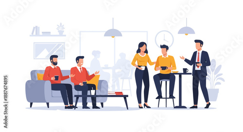 Group of professionals collaborating and discussing in a modern office environment from a frontal viewpoint