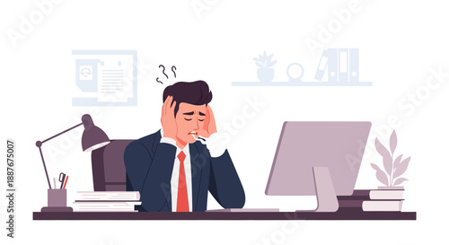 A businessman experiencing stress while working on computer at office desk with various office supplies around him from a frontal viewpoint