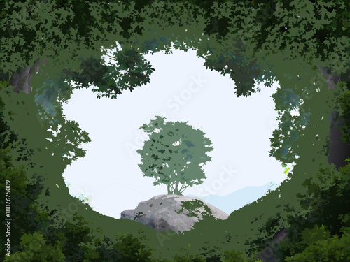 A solitary tree framed by lush green foliage and a rocky outcrop