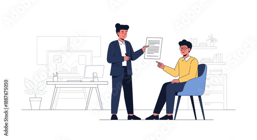 Two professionals engaged in a discussion, one seated and the other standing, examining documents in a modern office setting.