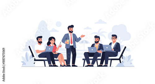 Business team collaborating in a modern office environment with laptops and a leader presenting