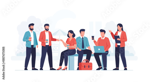 Group of professionals collaborating and networking in a modern office environment from a frontal viewpoint