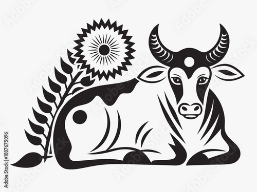 Black and white illustration of a cow with a sunflower and wheat stalks