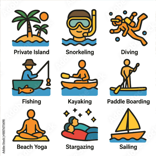 Adventure activities icons including snorkeling, fishing, and stargazing on private island