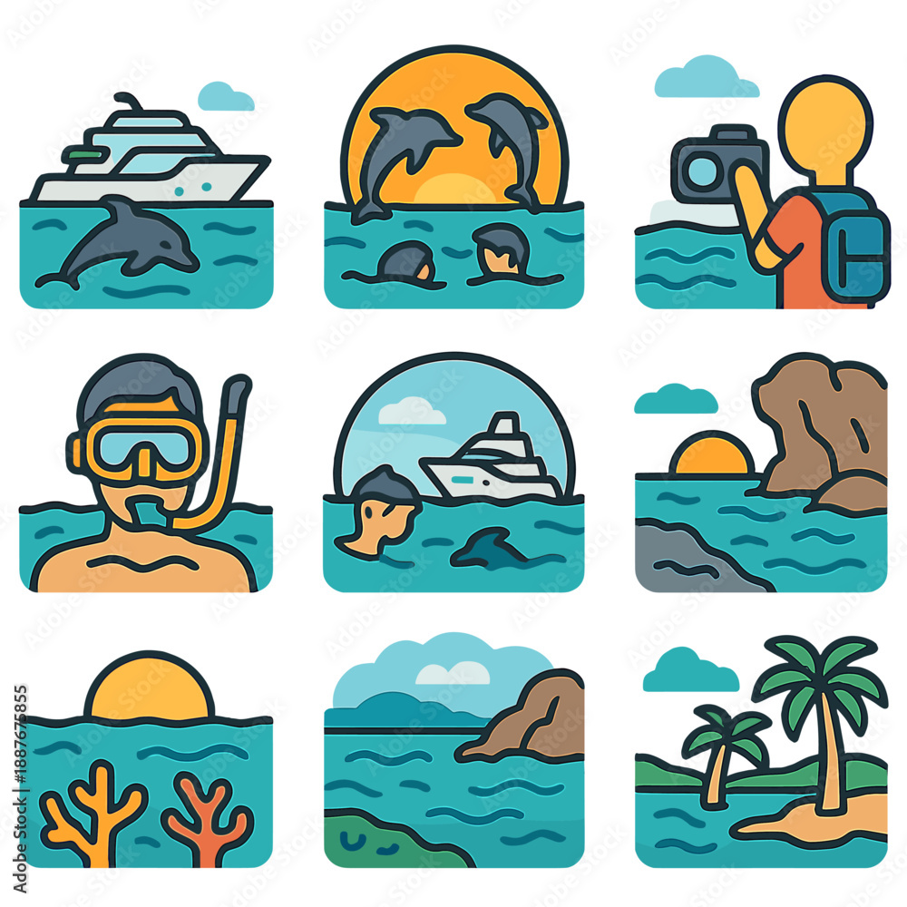 Fototapeta premium Tropical adventure icons: snorkeling, dolphins, photography, sunset, ocean views
