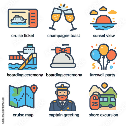 Cruise adventure icons: tickets, celebrations, and exploring coastal destinations