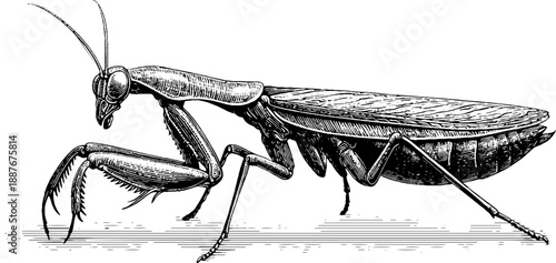Praying mantis botanical study engraving - vintage 19th century insect sketch for educational purposes