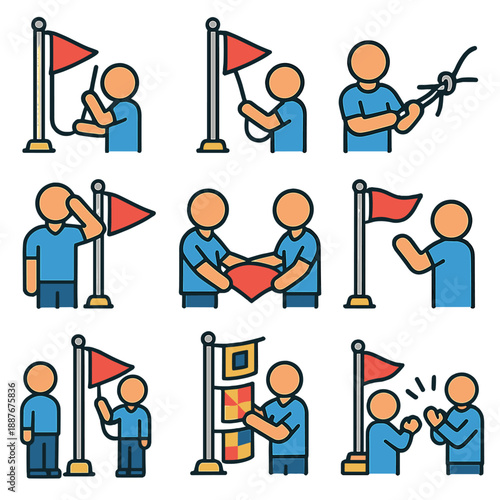 Colorful vector icons depicting diverse flag interactions and activities