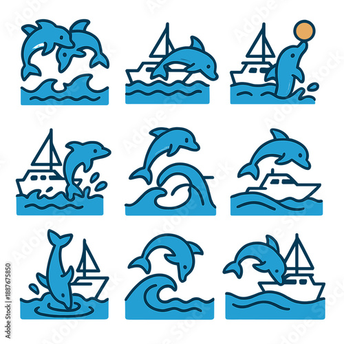 Dolphins and boats: playful marine life illustrations on ocean waves