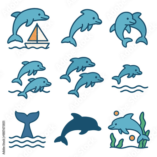 Playful dolphin icons with nautical and marine life elements