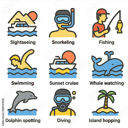 Colorful icons illustrating maritime adventures and beach activities