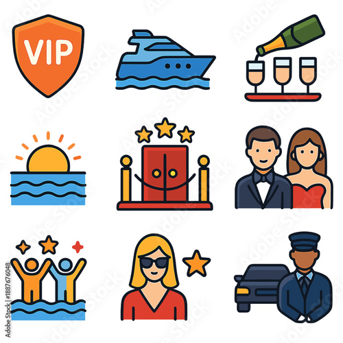 Luxurious vip experience: yacht, celebration, sunset, and security icons