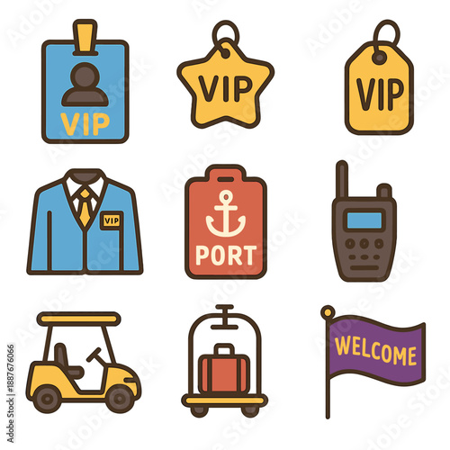 Vip access symbols: badges, port tags, golf cart, welcome flag, radio icon