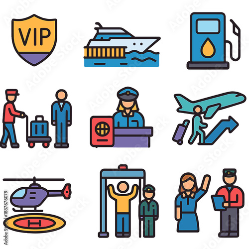 Travel and transport icons: plane, boat, luggage, passport, vip, helicopter, security
