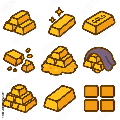 Cartoon gold bar collection with sparkles and unique designs