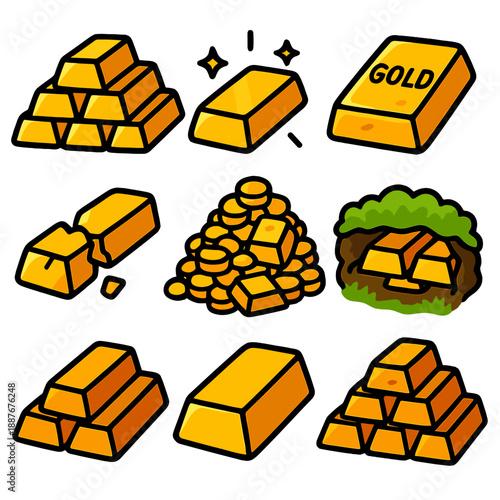 Cartoon gold bars and coins collection with cute illustrations