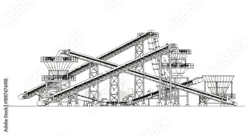 Industrial Conveyor System Illustration, Processing Plant, Monochrome