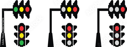 "Traffic Light Signal Icon Set — Red Yellow Green LED Control Display in Flat Vector Design."