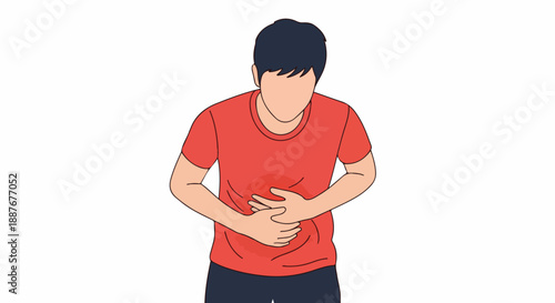 Man Experiencing Stomach Pain, Gripping Abdomen, Illustration