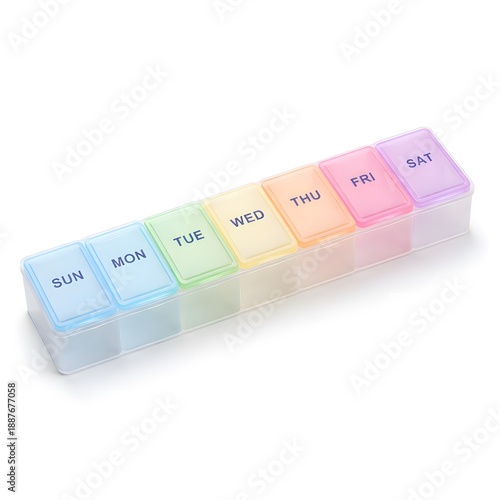 Weekly Pill Organizer Box Isolated on White Background, Colorful Medication Planner