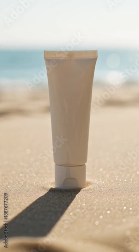 Cosmetic SPF blank tube placed on sunlit sand surface, soft horizon blur, luxury beach skincare advertising aesthetic.