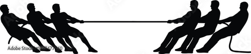 Black silhouette of two teams pulling rope in tug of war competition, business metaphor for struggle, teamwork, rivalry and strength